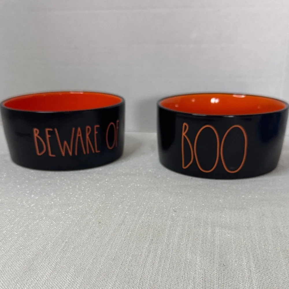 Rae Dunn BOO & BEWARE OF ME Halloween 6” pet Food Water Bowls Black Orange NWOT